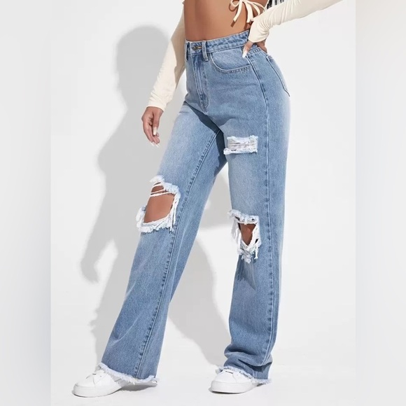 SHEIN EZwear Ripped Cutout Wide Leg Jeans Size 6 Light Wash Y2K Streetwear Denim - Picture 4 of 16